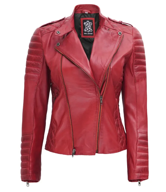 Asymmetrische braune gepolsterte Biker Lederjacke Damen