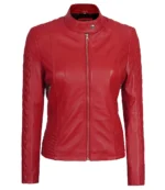 Damen Rot Gesteppte Ärmel Cafe Racer Lederjacke