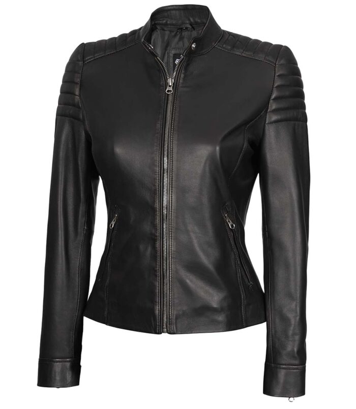 Damen Schwarze Slim Fit Cafe Racer Lederjacke