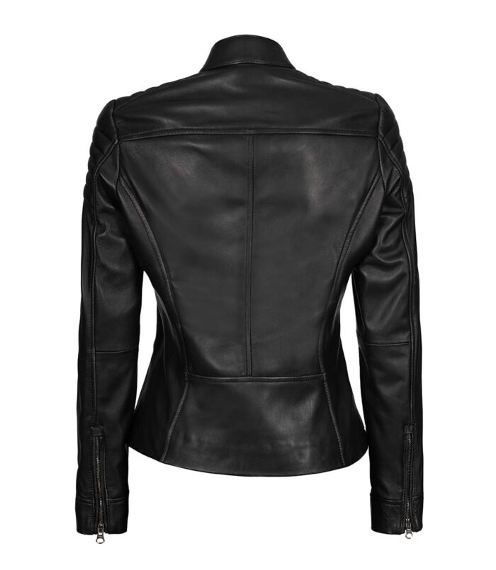 Damen Schwarze Slim Fit Cafe Racer Lederjacke