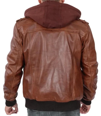Braune Bomber-Lederjacke für Herren mit abnehmbarer Kapuze