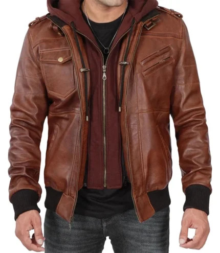 Braune Bomber-Lederjacke für Herren mit abnehmbarer Kapuze