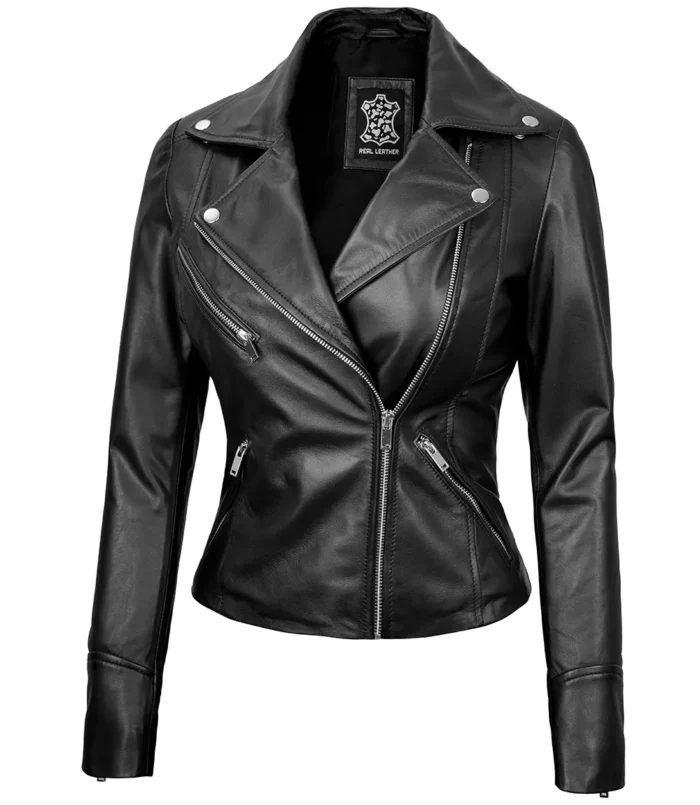 Schwarze asymmetrische Motorradjacke aus echtem Leder Damen