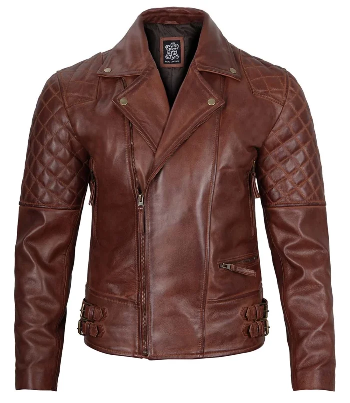 Dunkelbraune gesteppte asymmetrische Leder-Bikerjacke Herren