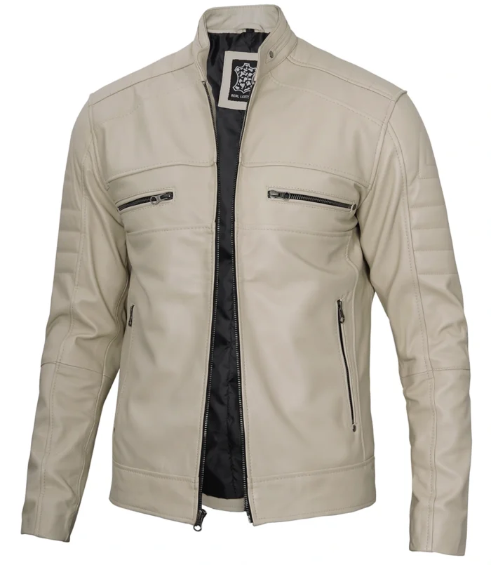 Beige Herren Cafe Racer Echtlederjacke