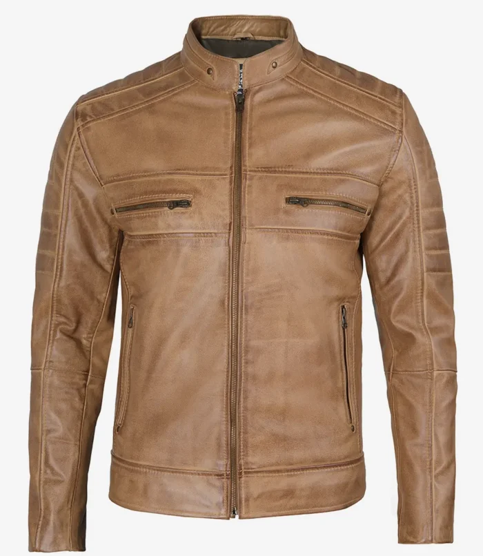 Herren Cafe Racer Jacke aus echtem Leder in Distressed Tan