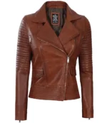 Asymmetrische Biker-Lederjacke aus Wachs in Cognac für Damen