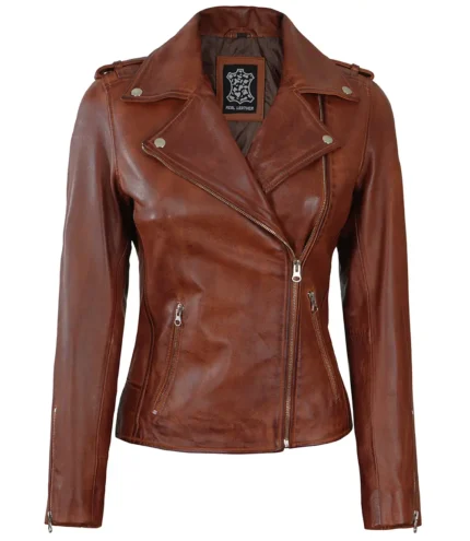 Asymmetrische Cognac Biker Lederjacke für Damen