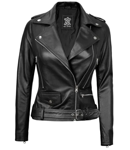 Asymmetrische Schwarze Leder Moto Jacke Frauen
