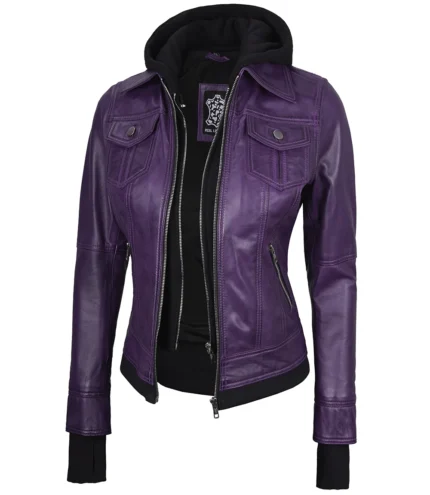 Betty Damen Lederjacke lila mit abnehmbarer Kapuze