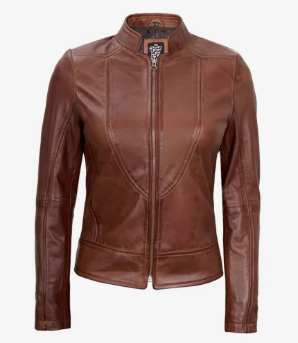 Cognacbraune Lederjacke für Damen im Vintage Stil Café Racer