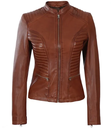 Damen Cafe Racer Cognac Braune Lederjacke