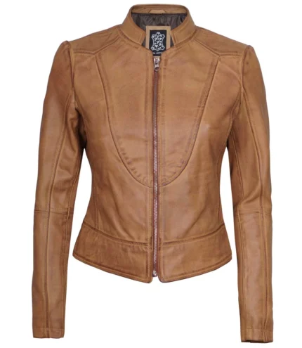 Damen Cafe Racer Lederjacke in Kamelbraun