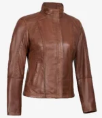 Damen Cognac Gesteppte Cafe Racer Lederjacke