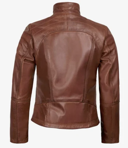 Damen Cognac Gesteppte Cafe Racer Lederjacke