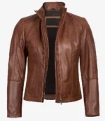 Damen Cognac Gesteppte Cafe Racer Lederjacke