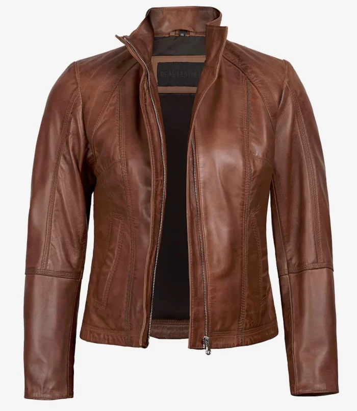 Damen Cognac Gesteppte Cafe Racer Lederjacke