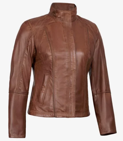 Damen Cognac Gesteppte Cafe Racer Lederjacke