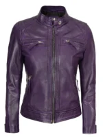 Damen Lila Gesteppte Leder Cafe Racer Jacke