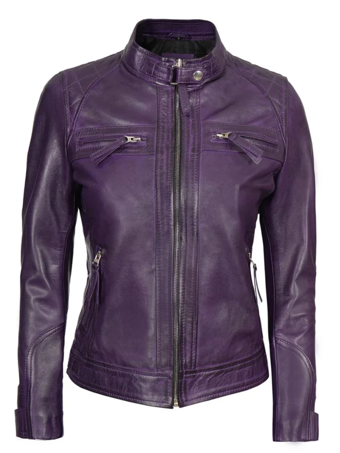 Damen Lila Gesteppte Leder Cafe Racer Jacke