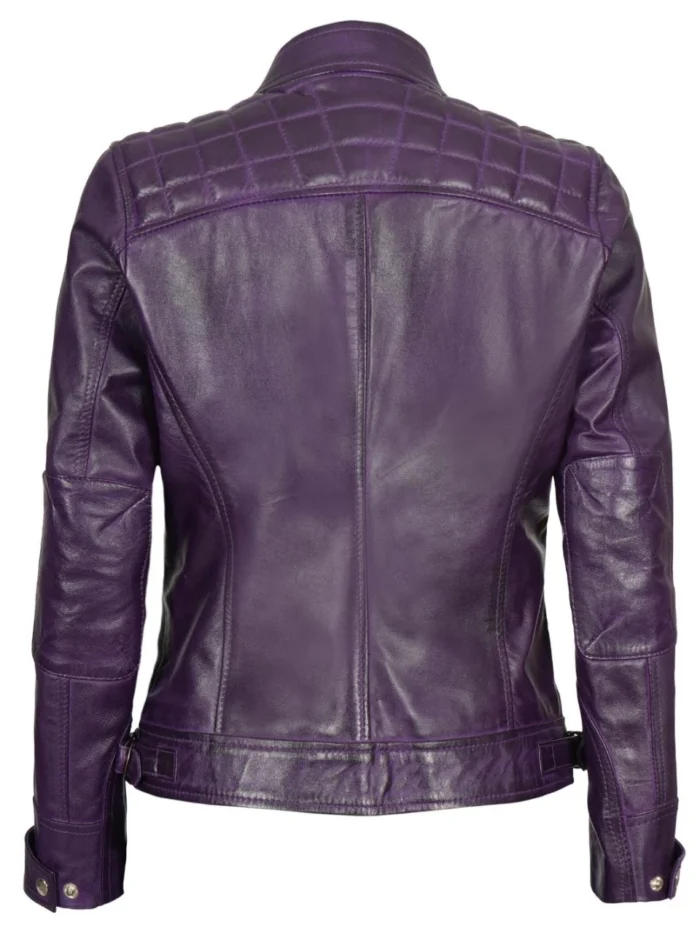 Damen Lila Gesteppte Leder Cafe Racer Jacke