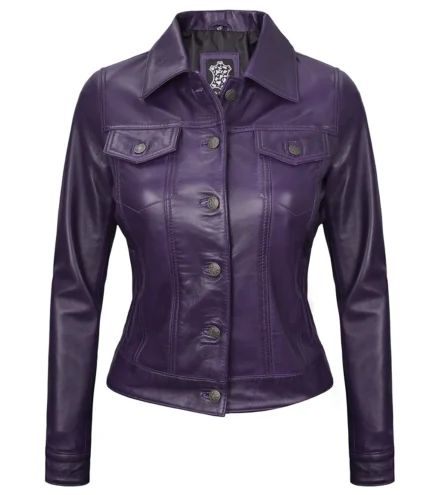 Damen Lila Trucker Lederjacke