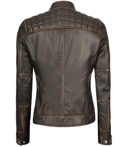 Damen Rub Off Dunkelbraun Gesteppte Leder Cafe Racer Jacke mit Riemenkragen