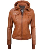 Damen Tan Wachs Bomber Echtleder Jacke mit Abnehmbarer Kapuze