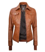 Damen Tan Wachs Bomber Echtleder Jacke mit Abnehmbarer Kapuze