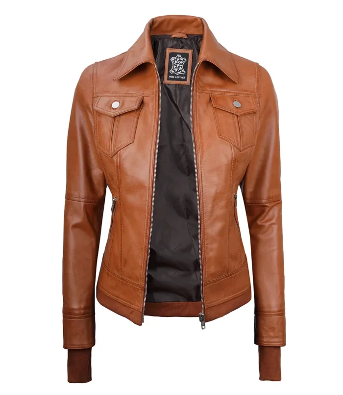 Damen Tan Wachs Bomber Echtleder Jacke mit Abnehmbarer Kapuze