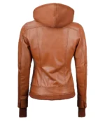 Damen Tan Wachs Bomber Echtleder Jacke mit Abnehmbarer Kapuze