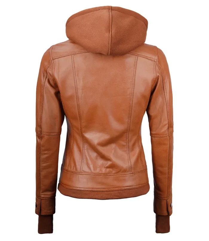 Damen Tan Wachs Bomber Echtleder Jacke mit Abnehmbarer Kapuze