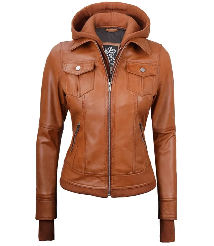 Damen Tan Wachs Bomber Echtleder Jacke mit Abnehmbarer Kapuze