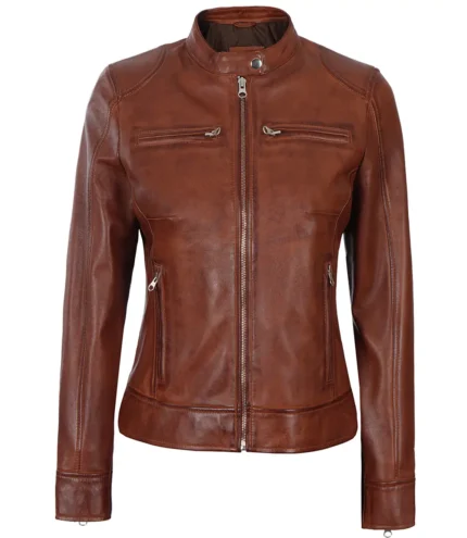 Dodge Damen Cognac Wachs Braun Lederjacke