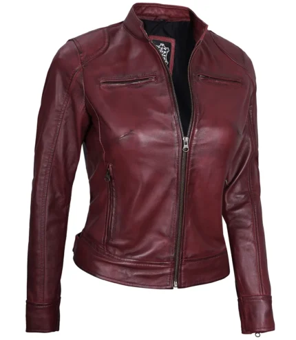 Dodge Damen Kastanienbraune Cafe Racer Lederjacke