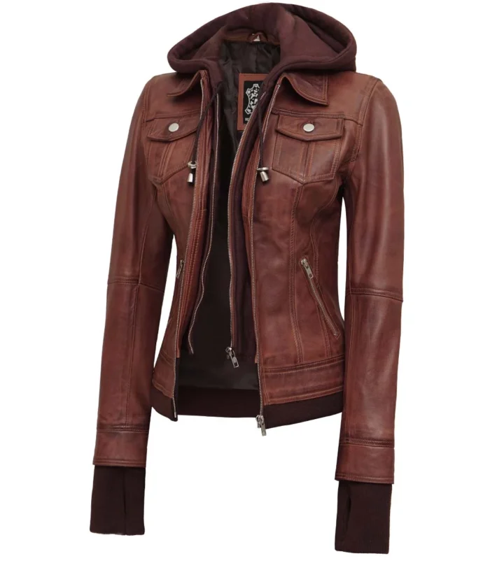 Dunkelbraune Damen Bomber Lederjacke Mit Abnehmbarer Kapuze