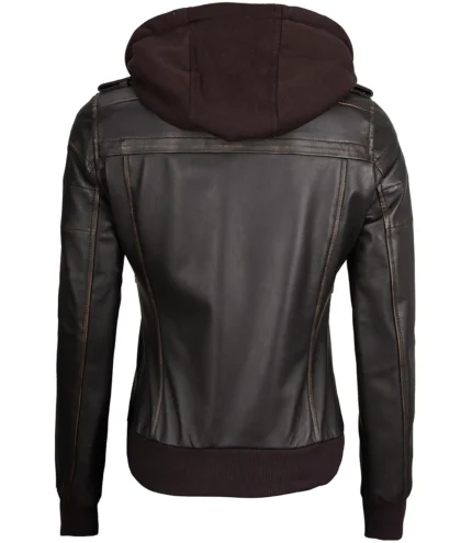 Dunkelbraune Rub Off Lederjacke für Damen mit abnehmbarer Kapuze