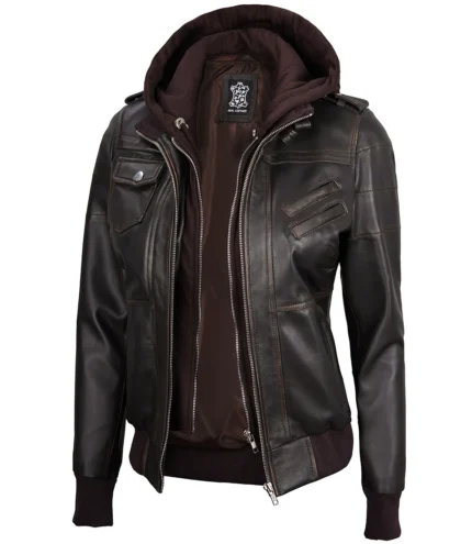 Dunkelbraune Rub Off Lederjacke für Damen mit abnehmbarer Kapuze