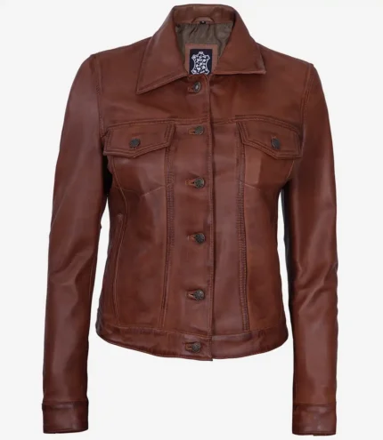 Fernando Damen Cognac braune Trucker Lederjacke
