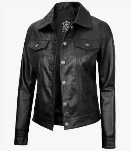 Frauen Schwarz Trucker Lederjacke