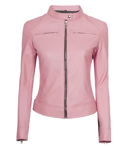Hellrosa Damen Motorrad Cafe Racer Lederjacke