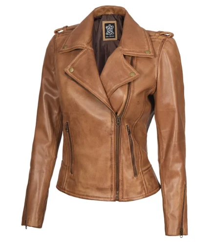 Kirsten Damen Asymmetrische Kamelbraune Echtlederjacke