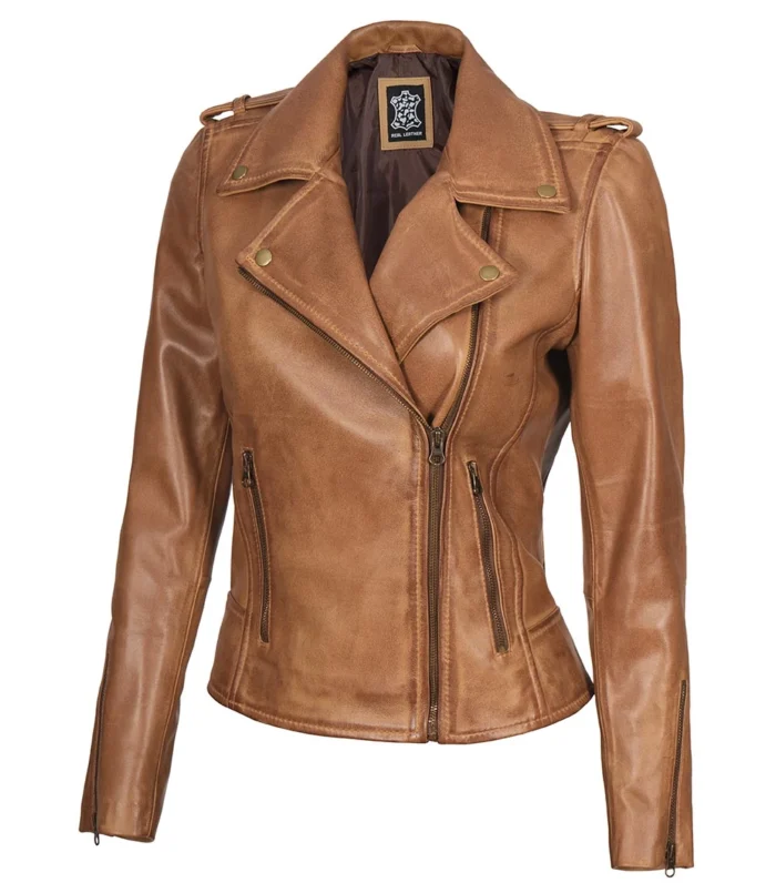 Kirsten Damen Asymmetrische Kamelbraune Echtlederjacke