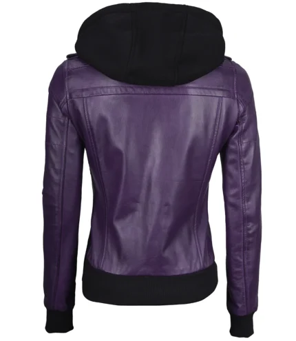Lila Lederjacke für Frauen mit abnehmbarer Kapuze