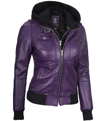 Lila Lederjacke für Frauen mit abnehmbarer Kapuze