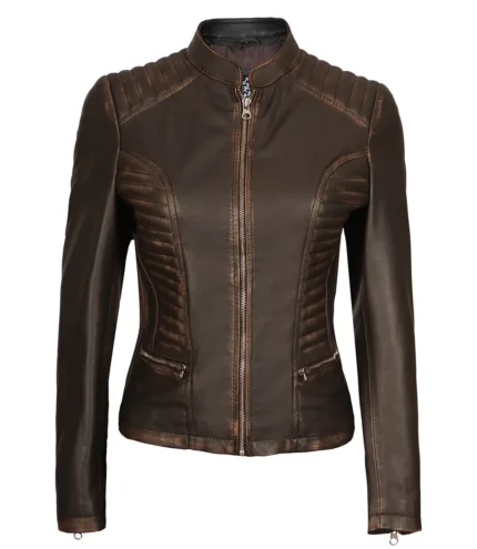 Rachel Damen Dunkelbraune Rub-off Cafe Racer Lederjacke