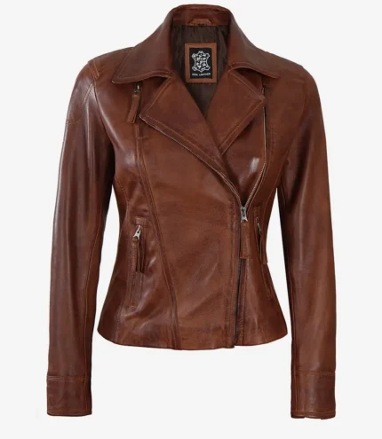 Ramsey Asymmetrische Lederjacke in Cognacbraun für Damen