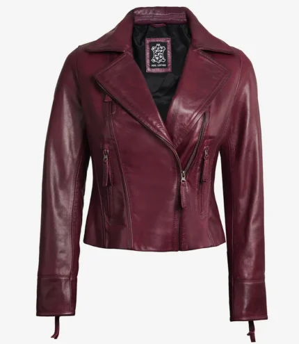 Ramsey Asymmetrische gewachste Biker Lederjacke für Damen in Maroon