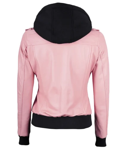 Rosa Bomberjacke aus Leder für Damen mit abnehmbarer Kapuze