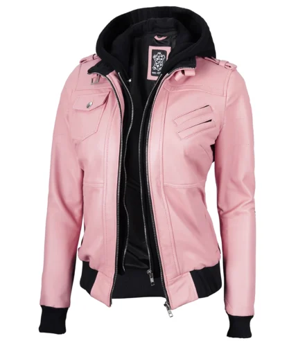 Rosa Bomberjacke aus Leder für Damen mit abnehmbarer Kapuze